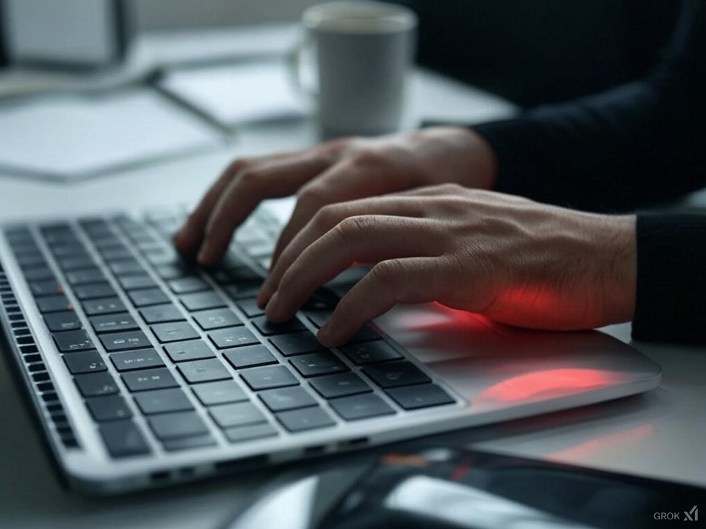 A close-up of a pair of hands typing on a laptop keyboard, with a visible red glow highlighting the wrist areas to symbolize discomfort and pain. The background is a simple, uncluttered office desk with a coffee mug and notepad, providing a relatable work-from-home setting. The wrists appear strained, showing the potential risk of improper hand posture. Close-up, eye-level, focused on the hands and keyboard. Soft, natural light from a window, with a subtle vignette effect to focus on the wrists.