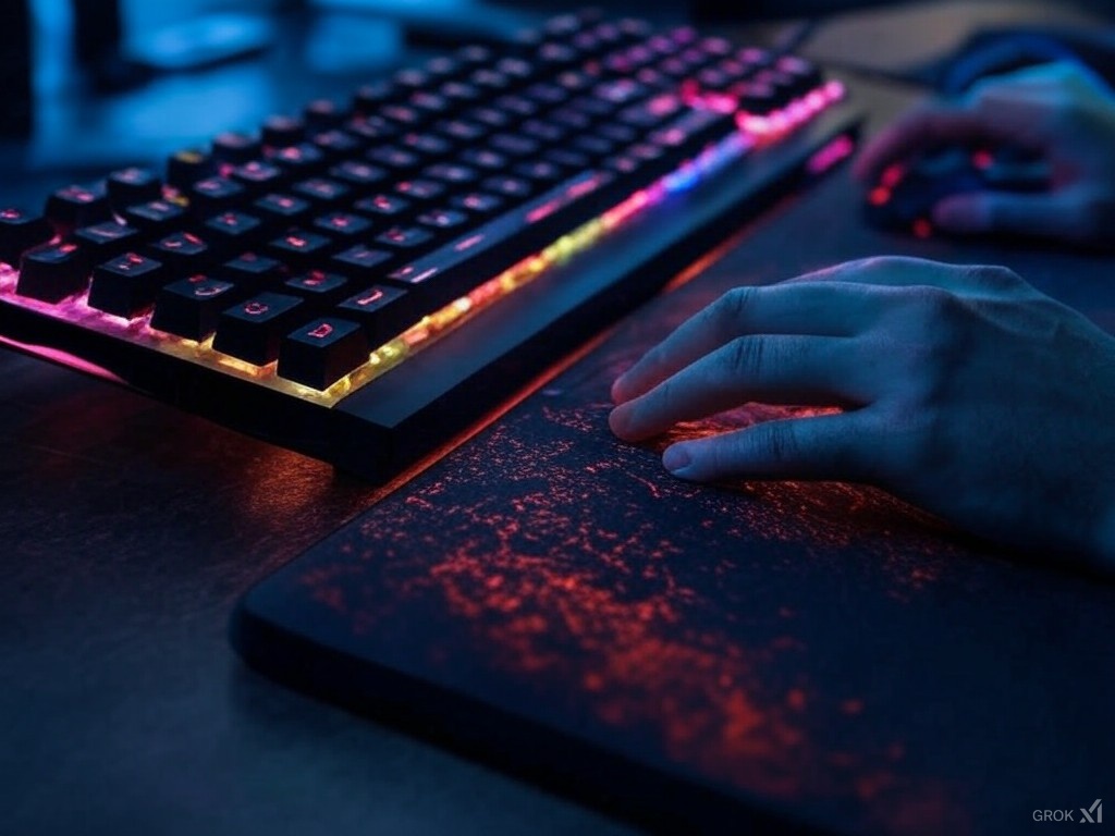 Professional gaming setup featuring an ergonomic wrist rest with RGB keyboard during gameplay
